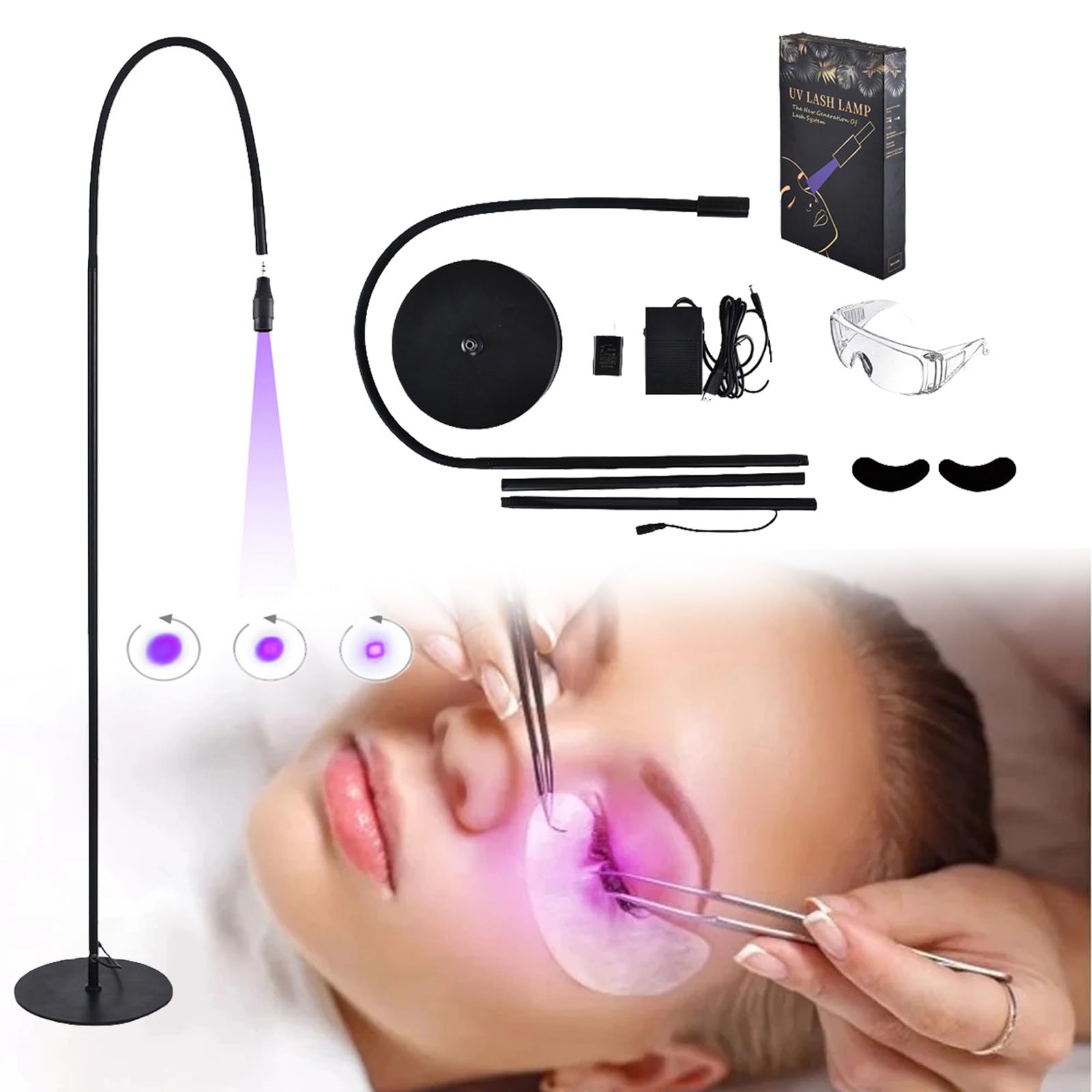 UV-Licht für lichthärtenden UV-Wimpernkleber, UV-Wimpernlampe für Wimpernverlängerungen + Augenklappe + Schutzbrille + Fußschalter, Kleber härtet in 1–3 Sekunden aus,Black