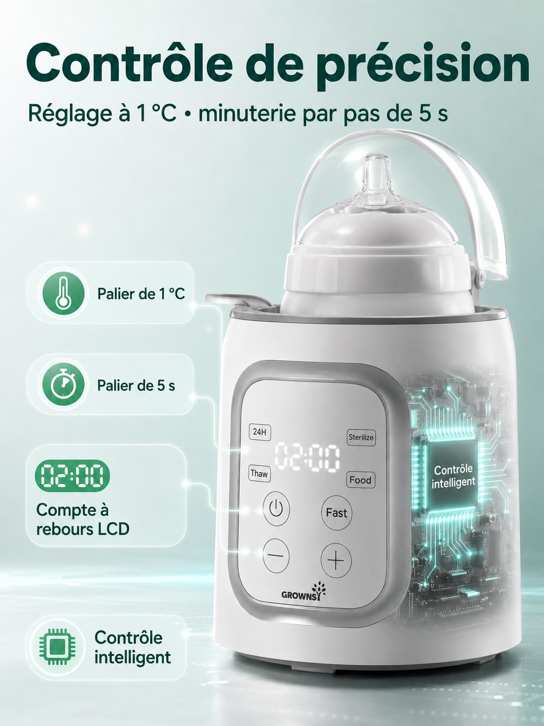 GROWNSY Chauffe-Biberon 10-en-1, Chauffage Rapide pour Lait Maternel et Lait Infantile, Contrôle Intelligent de la Température et Arrêt Automatique, Indispensable pour Nouveau-Né, Rose Poudré