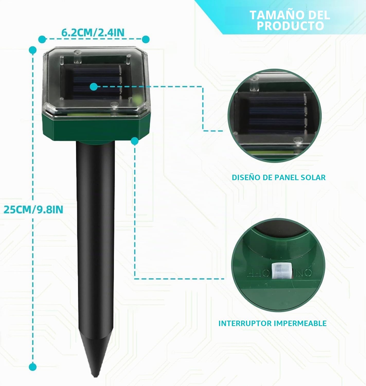 6 unidades de ahuyentador solar de topos, ahuyentador solar ultrasónico de topos IP65, repelente de topos resistente al agua, ahuyentador de topillos Mole Repellent, control de plagas para césped