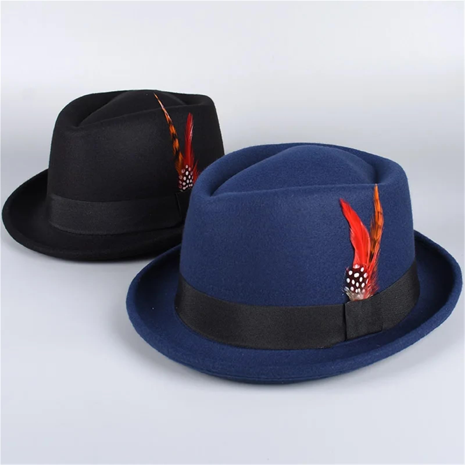 Classico Cappello Fedora da Uomo e Donna, Casual, Nero, Pork Pie, con Piume, Vintage, Gentiluomo, Trilby, Berretto Jazz, Cappelli in Feltro