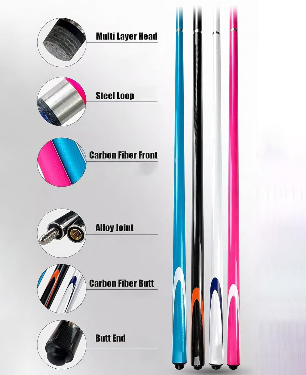 Carbon Fiber Snooker Cues 9.5mm Tip,58 Inch Pool Cue with Hard Case & 2 Pool Cue Chalk,1/2 Jointed Premium Snooker Cues,for for All Billiards Enthusiasts(Pink)