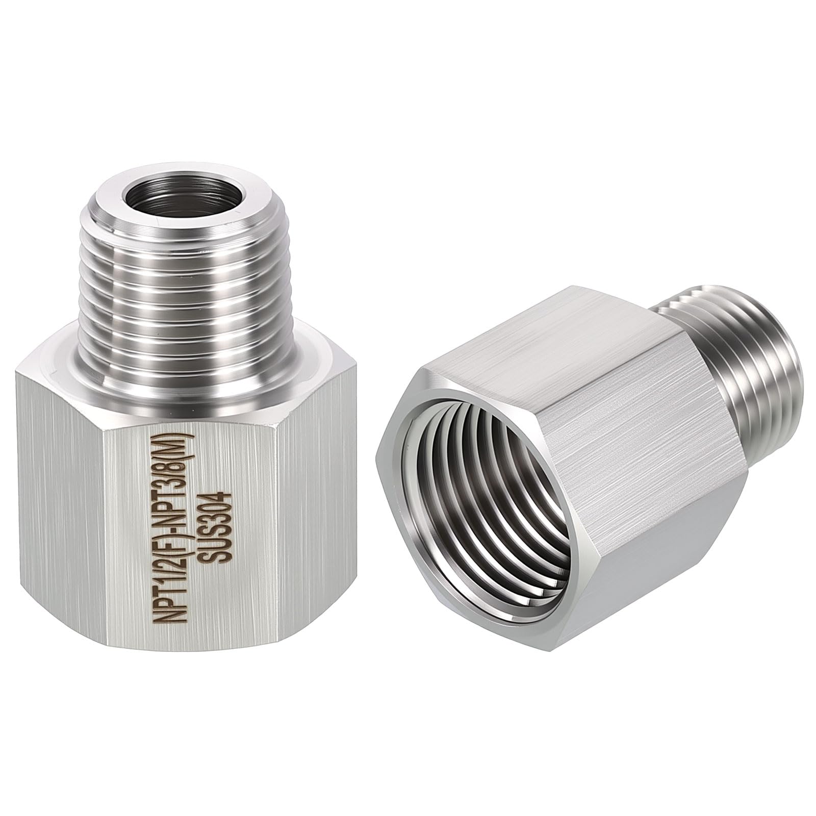 Rebower 2 Pack 304 Stainless Steel Female to Male Adapter, 1/2" Female NPT x 3/8" Male NPT Nipple Pipe Extension Connectors for Industrial, Fluid Transfer, Home Gardening, Water Treatment
