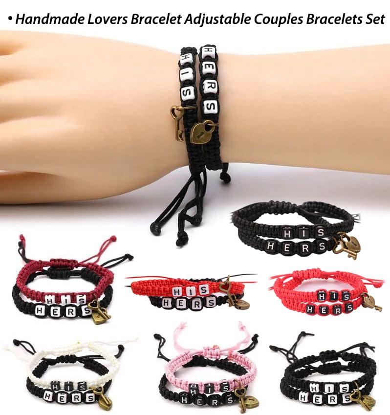 Image of AKOAK 2 Pcs HIS HERS Couple Braided Bracelet Padlock Key Pendant Hand Braided Lanyard Valentine's Day Gift Jewelry
