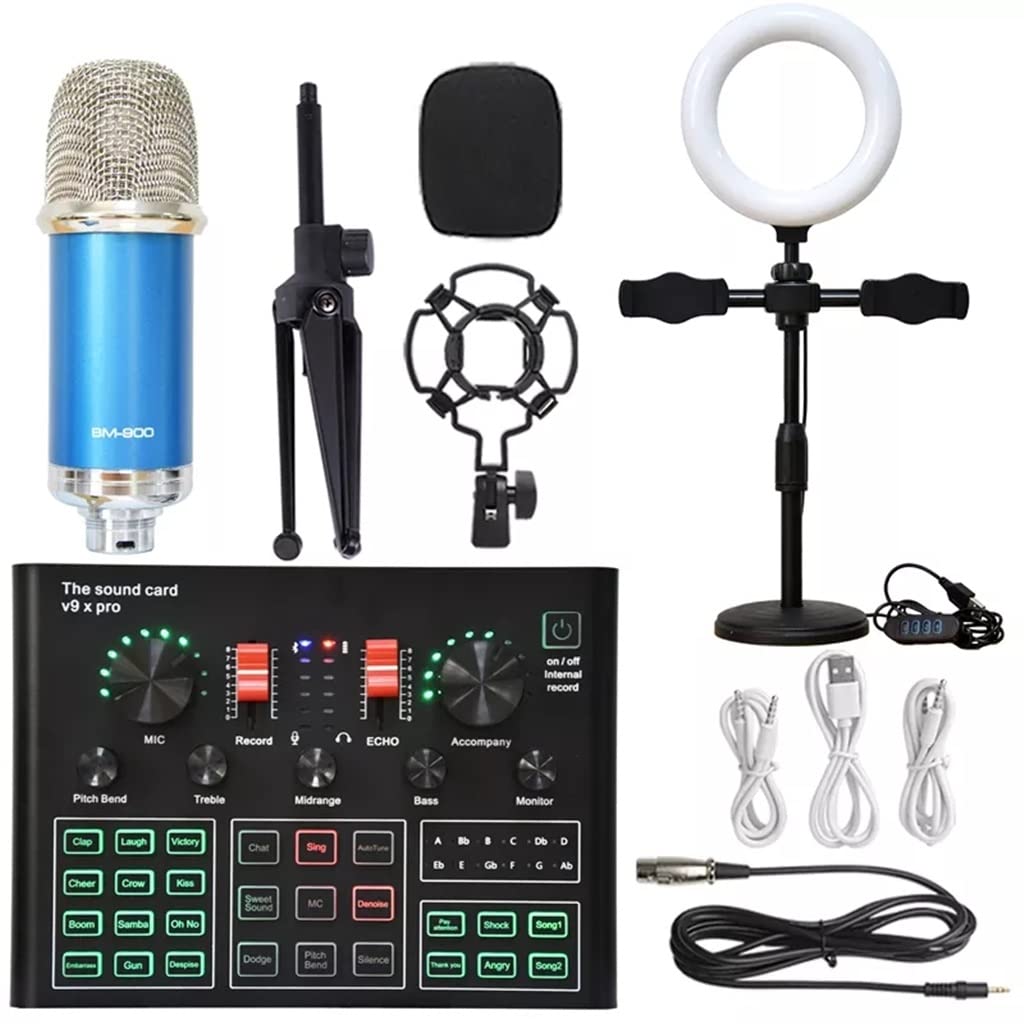 Kit Microfono a condensatore da Studio Professionale Kit Microfono con Scheda Audio dal Vivo Wireless Bluetooth (LED Blu BM900)