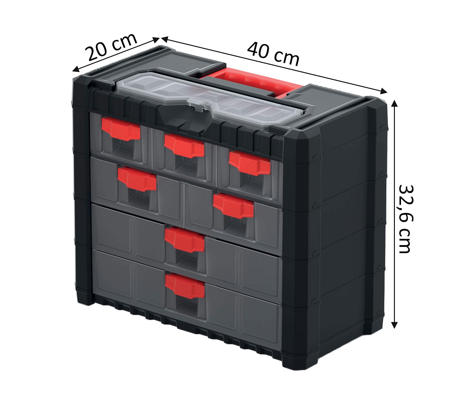 Caja organizadora maletín para herramientas | Portátil con asa | Apilable | Se puede colgar | 7 cajones con sistema de bloqueo | 40 x 20 x 32,6 cm | de plástico resistente