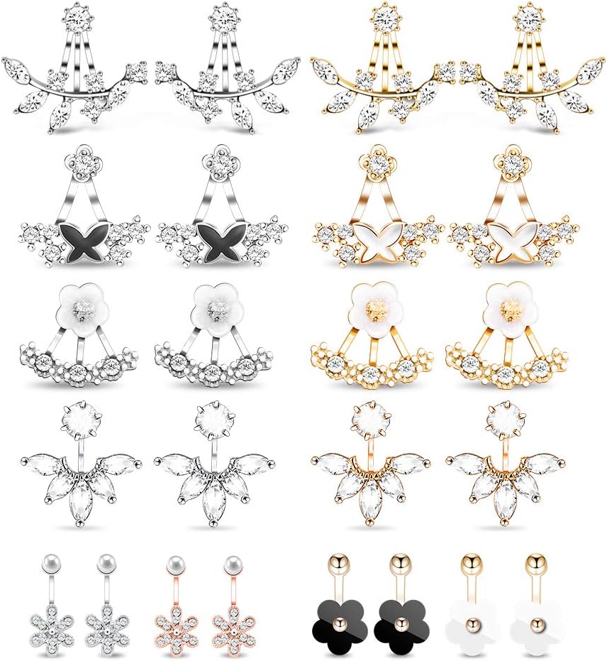 12 Pairs Fashion Silver Plated Leaf Feather Flower Crystal Ear Jacket Front and Back Stud Earrings for Women Girls