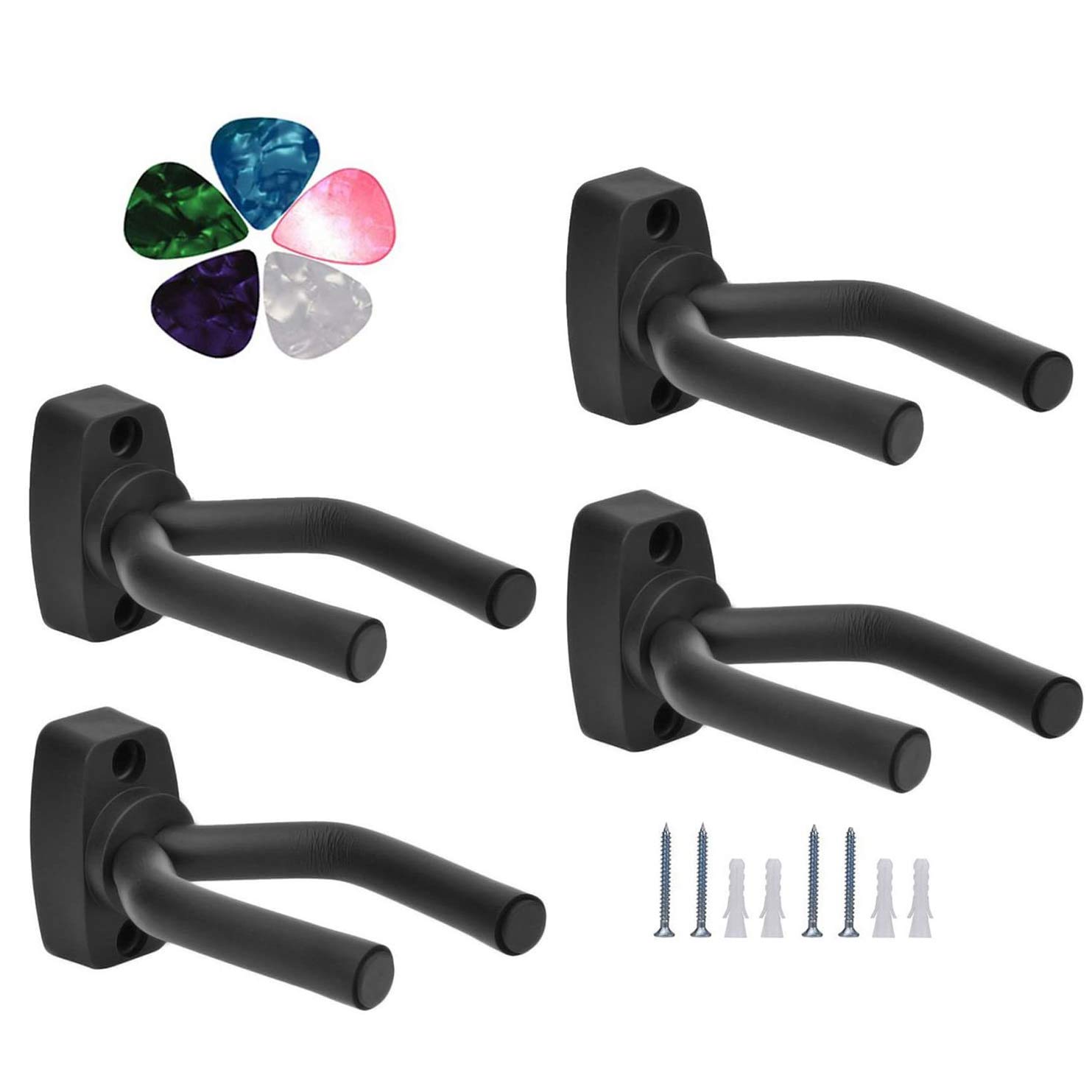Guitar Mount Wall Hanger Stand Ukulele Wall Hook Keep Holder Mount Display 4 Pack with Guitar Picks Violin Wall Stand Mandolin Rack Bracket Bass Accessories Easy To Install(5 pack guitar picks)
