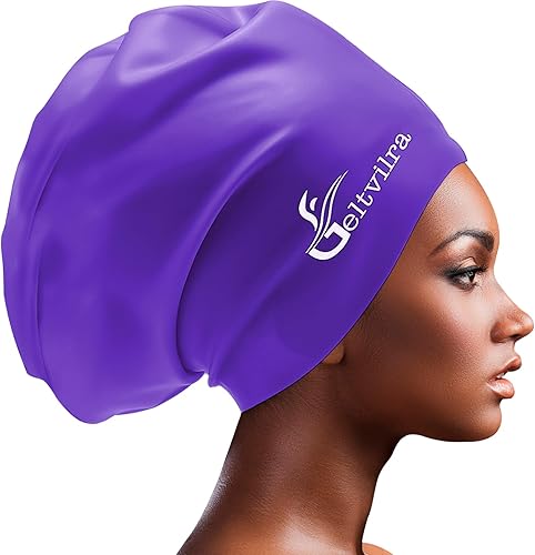 Miniatura 9 de Gorros de natación de silicona extra grandes impermeables para mujeres negras, niñas y hombres con trenzas de pelo largo, rastas para mantener el