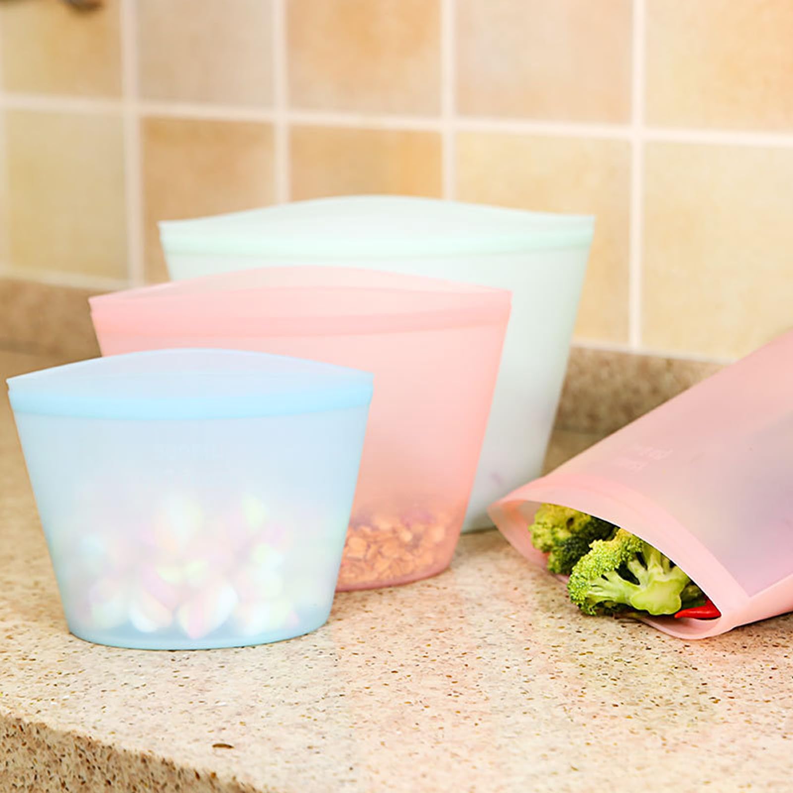Bolsas de almacenamiento de silicona para sobras y refrigerios, 3 piezas, fáciles de limpiar y con cierre a presión, aptas para lavavajillas