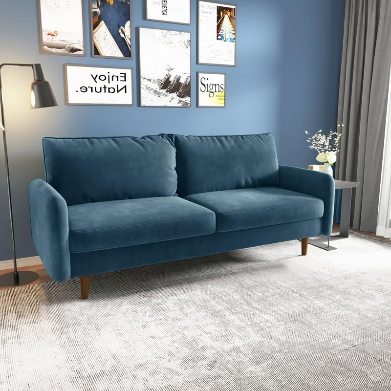 Image of Morrone Velvet Loveseat 3-Seater Sofa, Modern Upholstered Couch for Living Room, Bedroom and Office, Plush Cushion Accent Seating Furniture (Light Blue, 3 Seater)