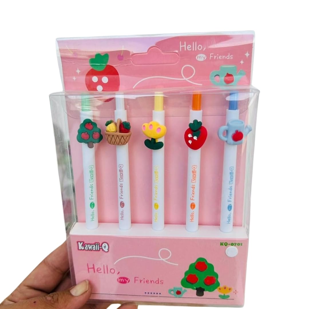 Mayatra's Gel Pen With Comfortable Grip For Extra Smooth Writing,Kawaii Pens,Stationery For School & Office,Birthday Return Gift(pack of 5Pcs) (Hello Friends)