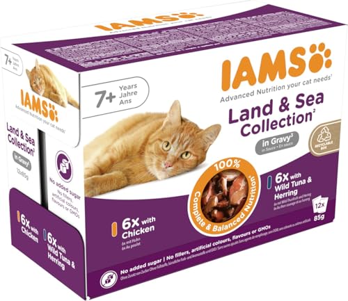 IAMS Delights Senior Katzenfutter Nass - Multipack mit Huhn und Fisch in Sauce, hochwertiges Nassfutter für ältere Katzen ab 7 Jahre, 12 x 85 g