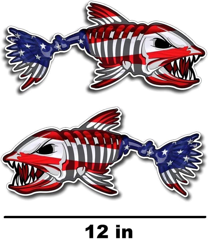 2 pcs US Flag Skeleton Fish Sticker by NTICKER - Waterproof Vinyl, Patriotic American Flag Fishbone Kayak, Fishing Boat Decal (12in, LR)