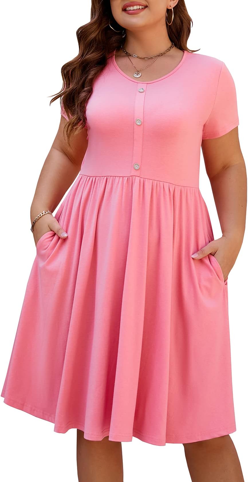 BEDOARWomen's Short Sleeve Colorblock Button Down Knee-Length Flared A-Line Casual Plus Size Dress with Pockets