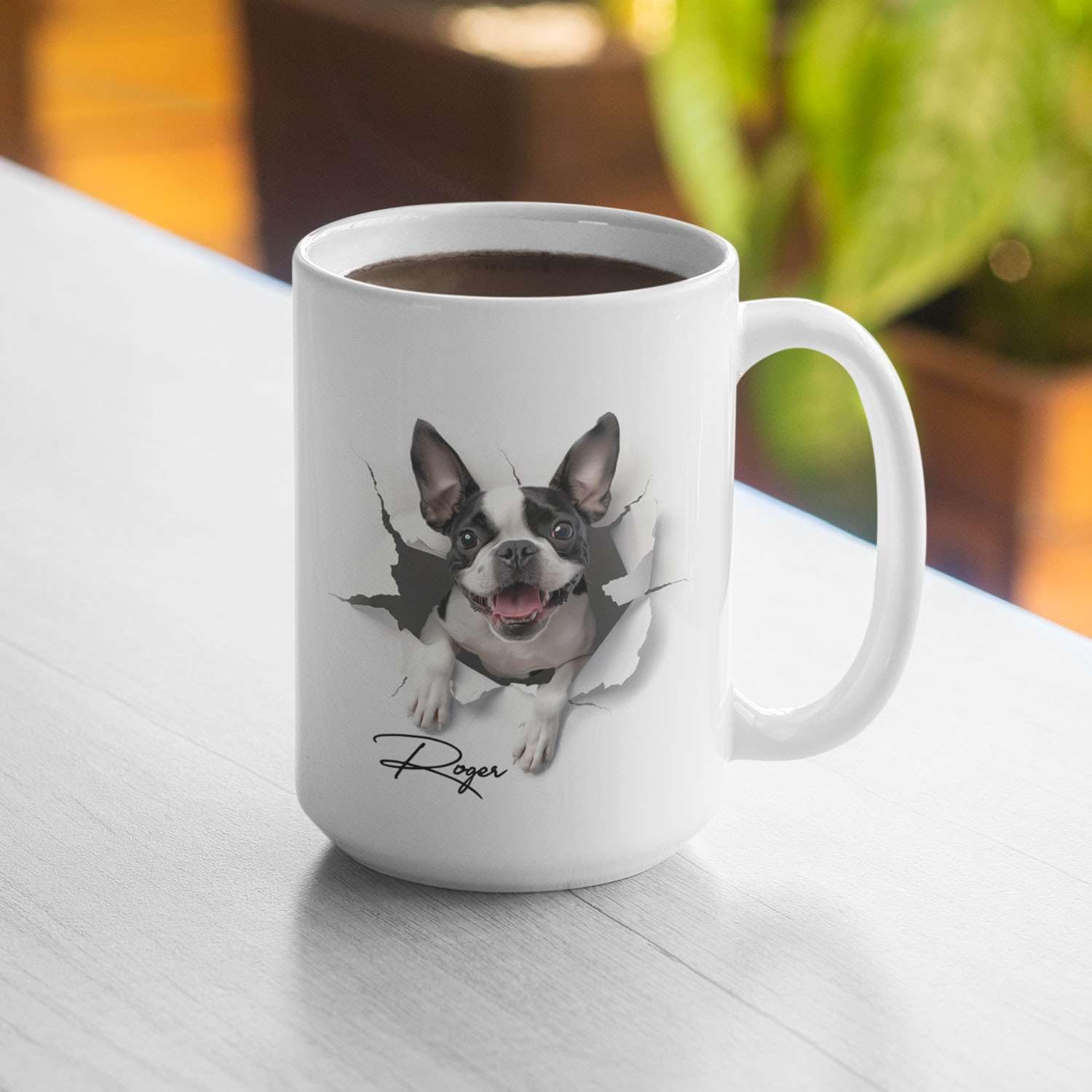 Amazon.com: Customized Cute Dog Coffee Mug With Name, Personalized Dog  Breaking Through Wall Design Mug, Custom Ceramic Cup Gift For Dog Lovers,  White Mug 11oz Or 15oz, Boston Terrier Dog Mug :