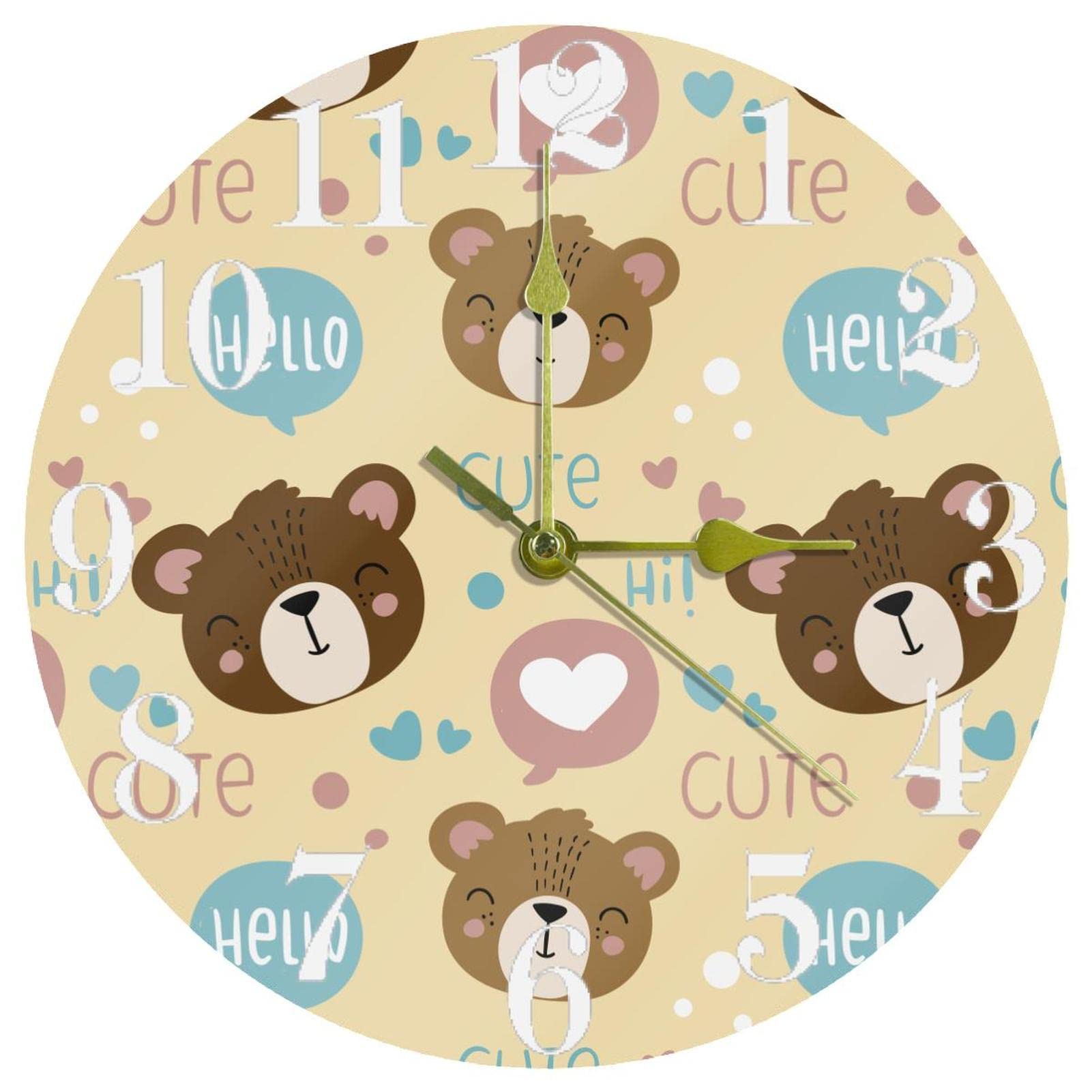 Horloge murale à quartz silencieuse ours de 25,4 cm pour chambre d'enfant