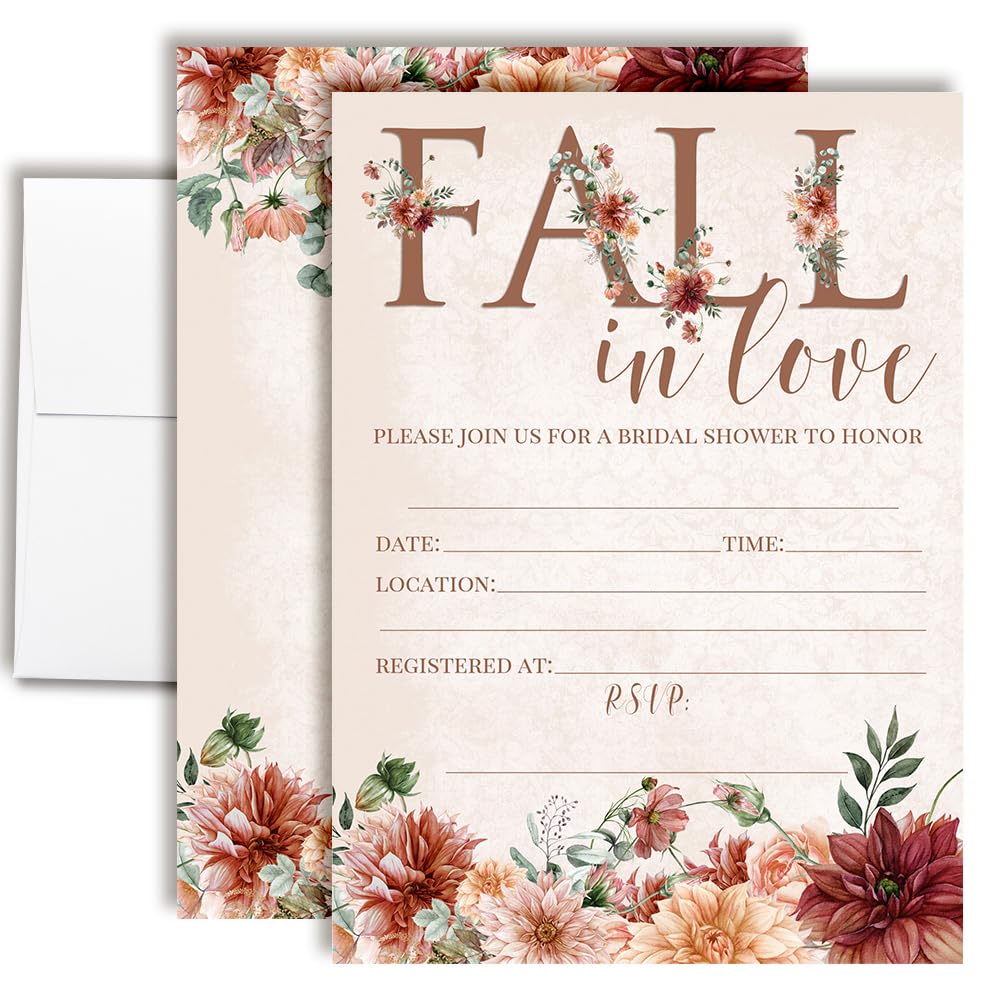 Fall in Love Bridal Shower Invitations - 20 Boho Autumn Fill In 5x7 Cards with White Envelopes - Rustic Floral Wedding Shower Invites by