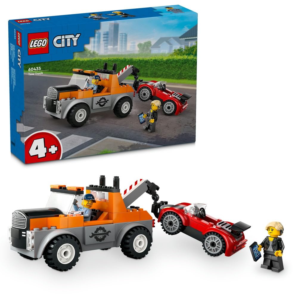 LEGOCity Tow Truck and Sports Car Repair Vehicle Toy Set for 4 Plus Year Old Boys & Girls, with 2 Minifigures and Accessories Including a Cochlear Implant, Creative Gift Idea 60435