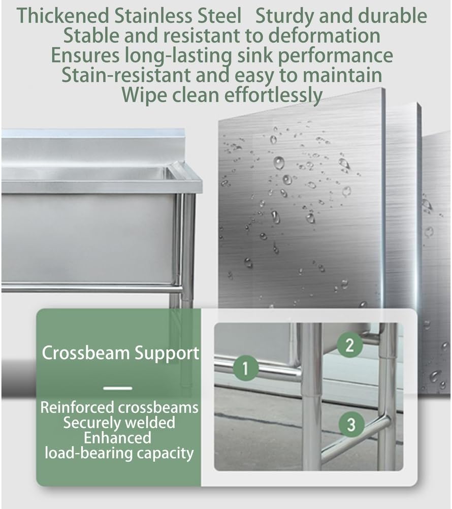 31.5/39.3In Extra-Deep Utility Sink,Freestanding Single Bowl Laundry Sink,with Workbench And Storage Rack,with Faucet,for Kitchen,Outdoor,Restaurant,Garage,Silver,80 * 50 * 80cm