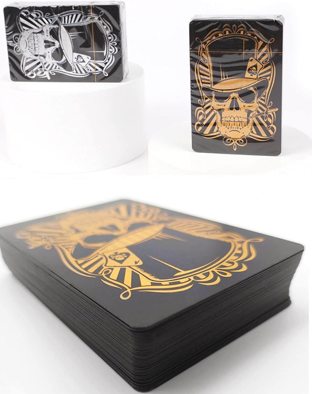 2 Pack Skull Playing Cards Black Poker Cards Waterproof Plastic Black Foil Playing Cards Highly Flexible,2 Decks of Cards with Bag(Gold+Black 3)