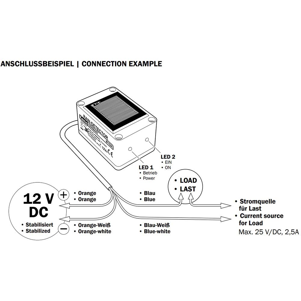 Kemo M152K kapazitiver Regensensor. Relais-Aktivierung auch bei destilliertem Wasser. Einstellbare Empfindlichkeit, mit 2 LED-Anzeigen