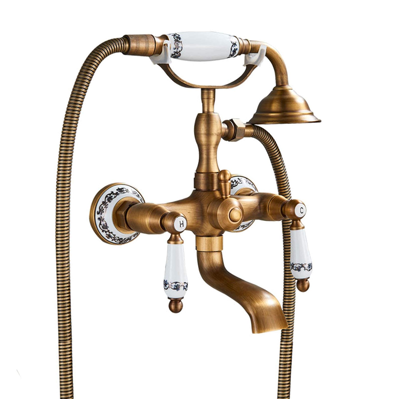 DFGHNBVC Antique Bathtub Faucet With Handheld Shower, Luxury Bathroom Shower Mixer Tap, Brass Wall Mount Tub Faucet, Dual Handles Bathroom Mixer Tap