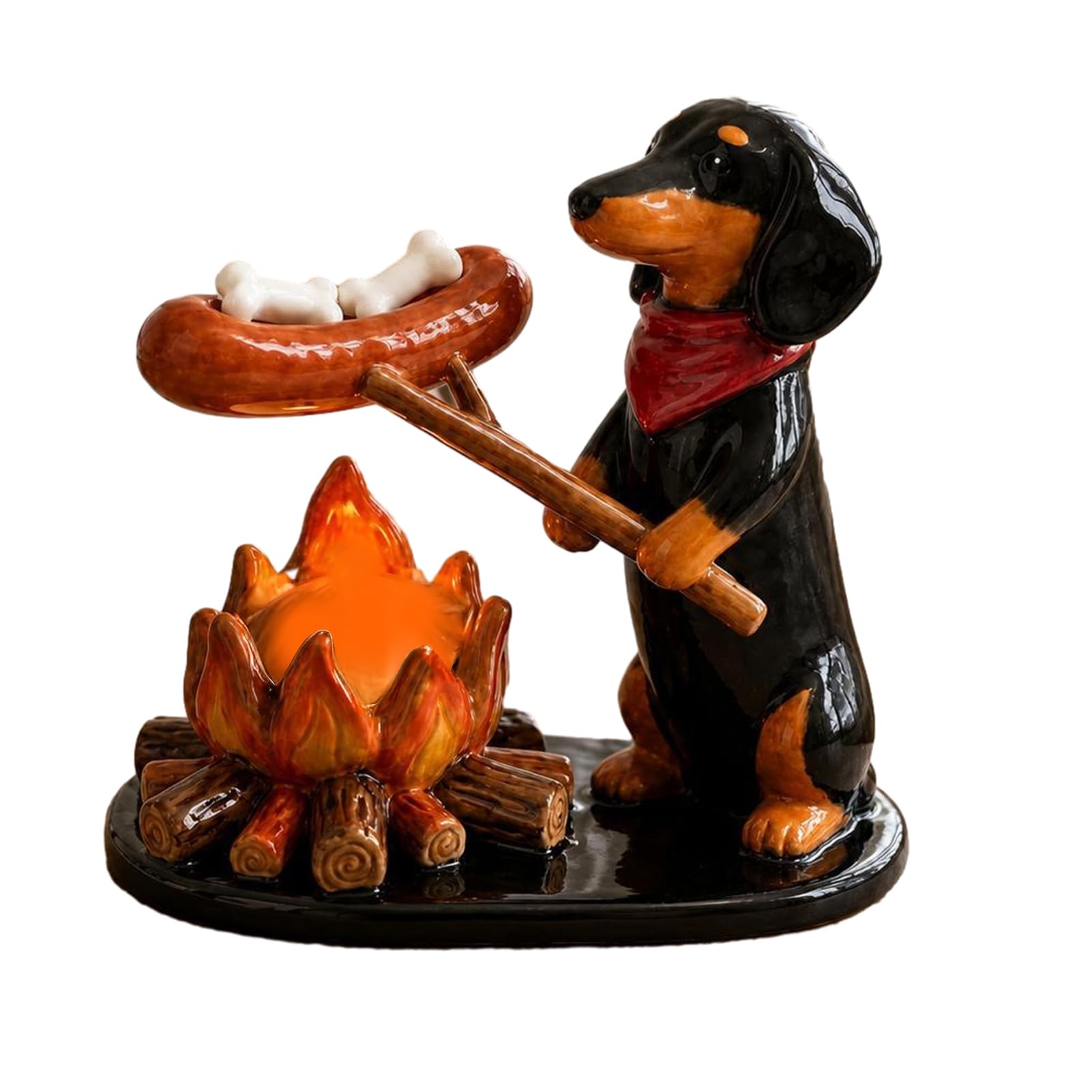 Campfire Animal Tealight Holder, Cute Resin Candle Stand with Cat Fox and Dachshund Figurines, Rustic Woodland Tabletop Decor for Home Living Room, 18.5x10x15cm Black A