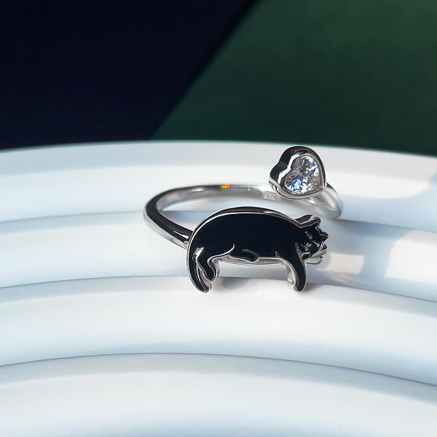 Sterling Silver Black Cat Ring - S925 Kitty Open Rings Cute Witch Jewelry Gifts for Women Pet Lover