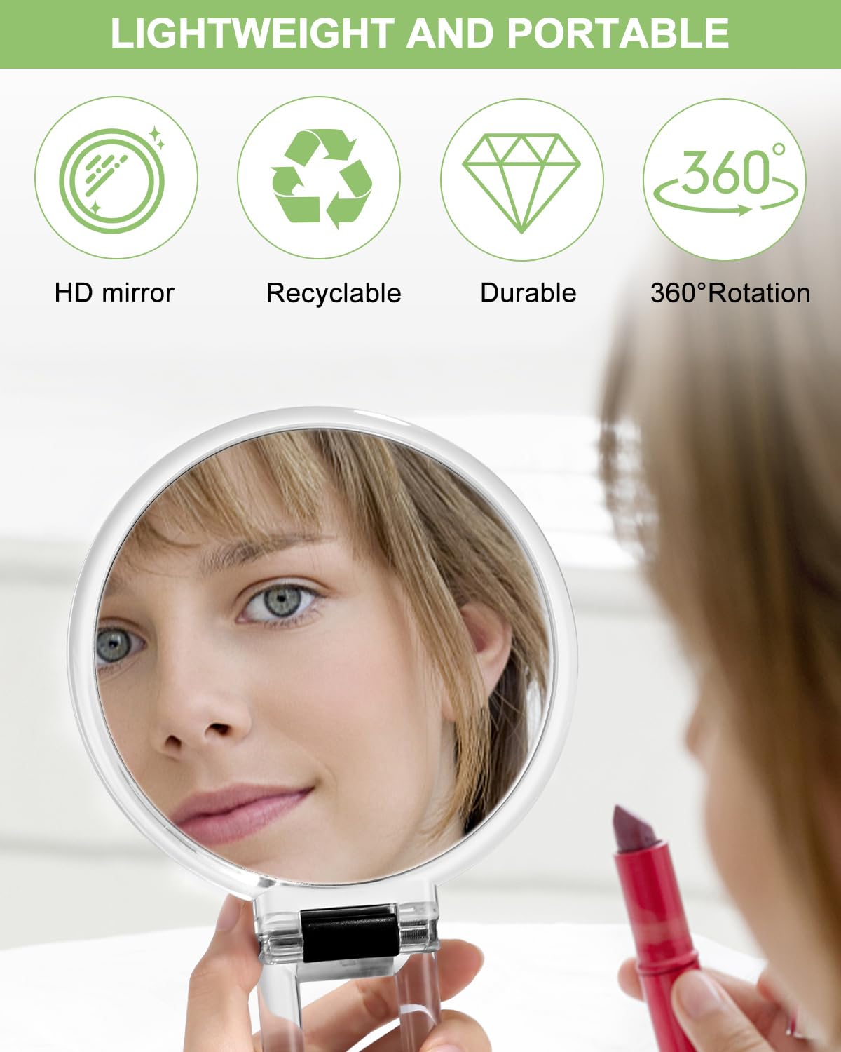 MIYADIVA Specchio a mano, ingrandimento 30X su supporto, specchio ingranditore a doppia faccia con ingrandimento 30X/1X, manico regolabile a 360°, specchio portatile da viaggio per trucco per