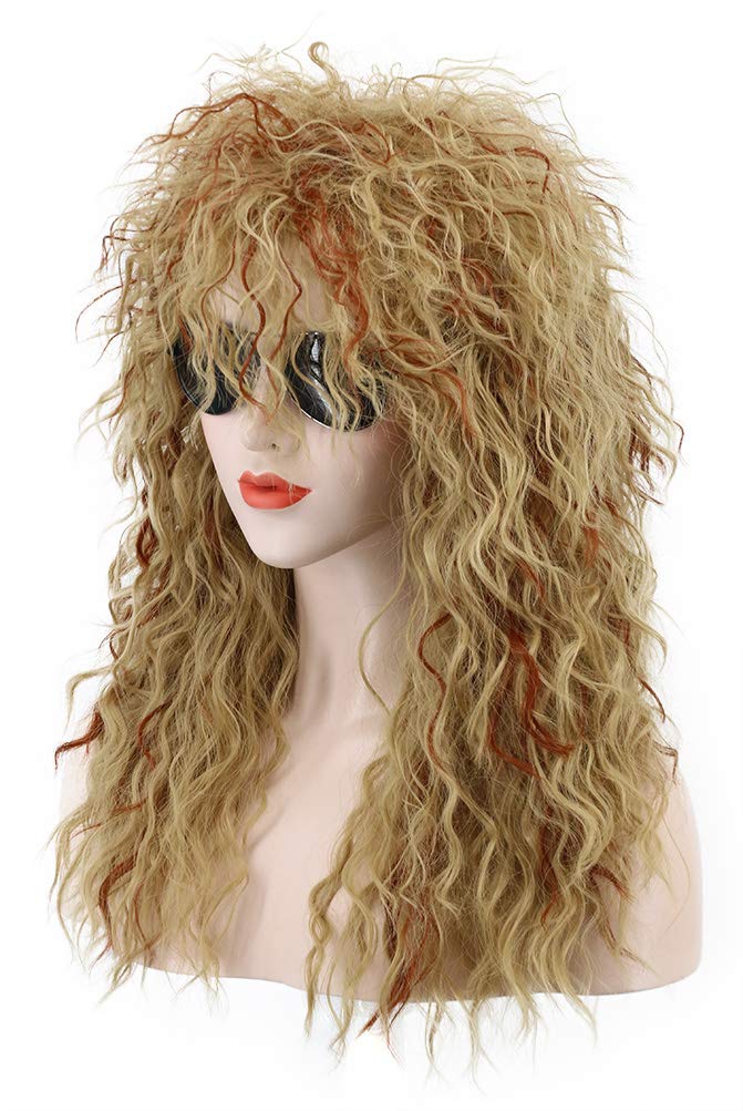 karlery Men Women Long Curly Orange Mix Blonde 70s Heavy Metal Rocker Mullet Wig 80s Costume Anime Wig - Image 2
