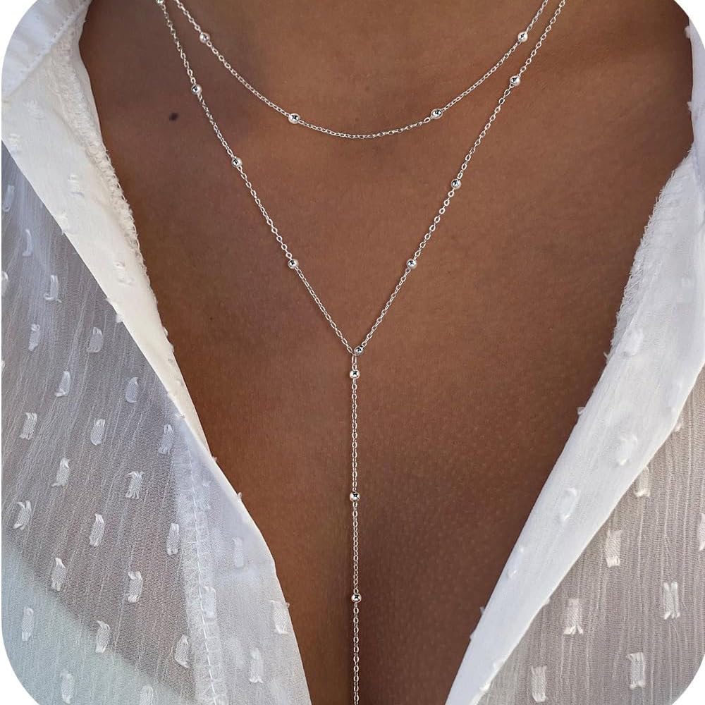 Lariat Long Necklace for Women Dainty Gold Long Necklaces Trendy Y-Shaped Pendant Necklace Layered Beaded Chain Necklaces - Image 2