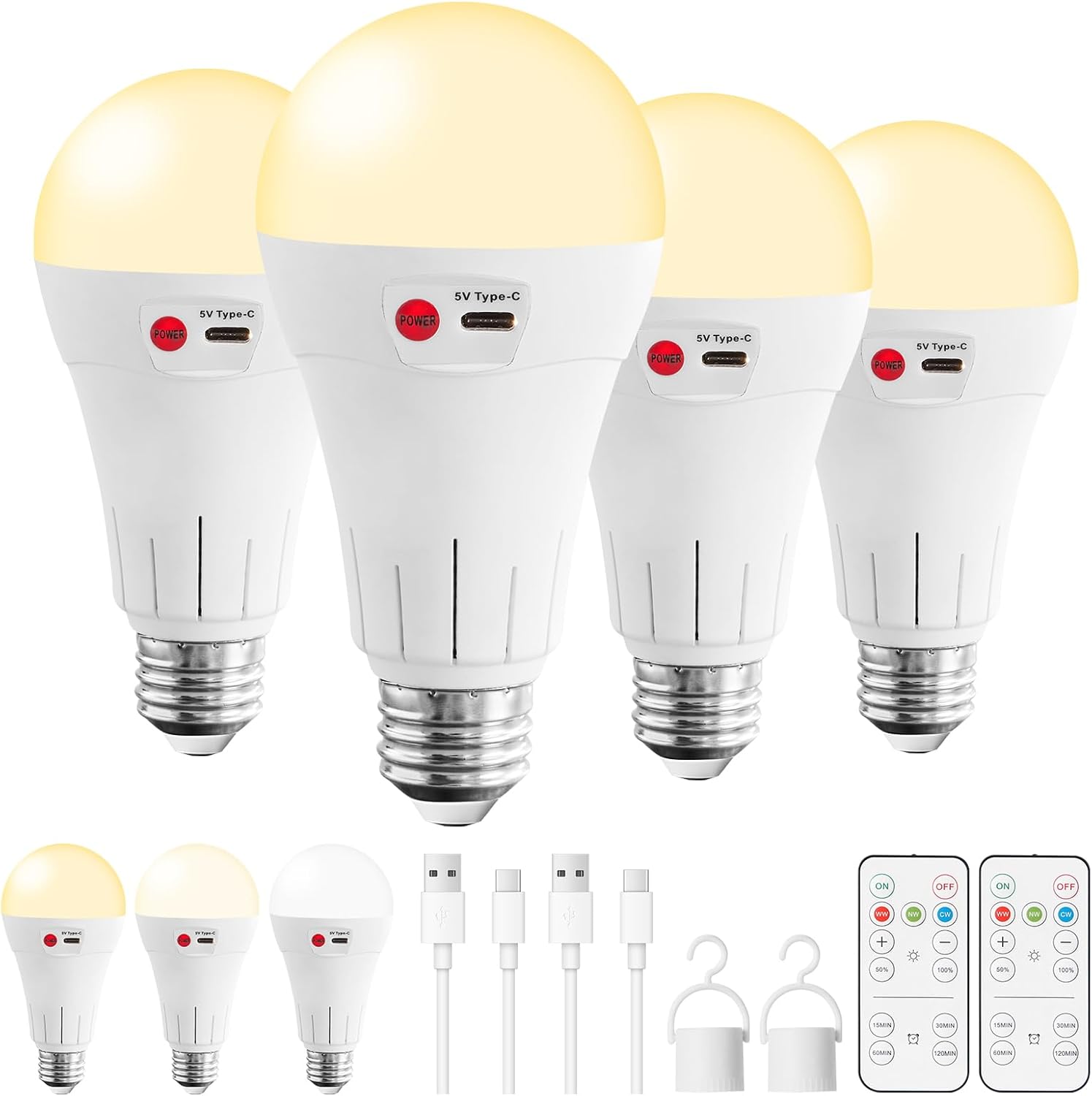 Vitnucrol 2 Pack Rechargeable Light Bulbs with Remote, E26 Wireless Battery Operated Light Bulb for Lamps, 2600mAh 3 Colors Dimmable Emergency LED Light Bulbs, 7W, 300LM