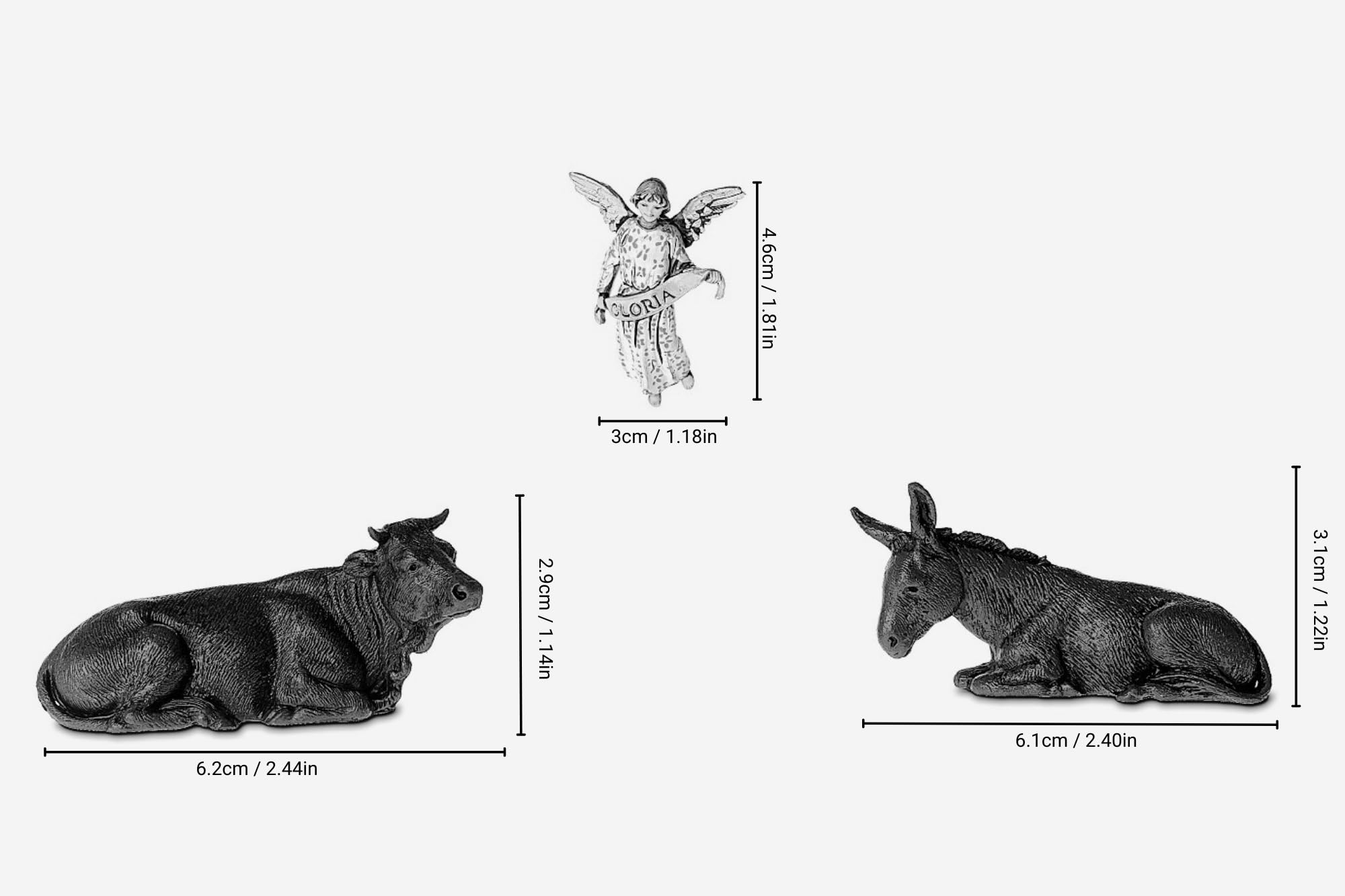 Figurines Crèche De Noël - Bœuf, Âne Et Ange Gloria En Résine 10 Cm, Made In Italy, échelle 1:20