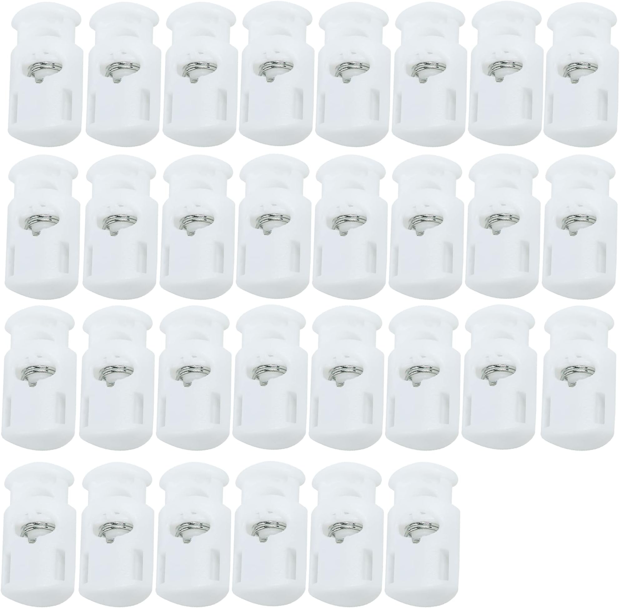 J.CARP Plastic Cord Locks End Spring Toggle Stopper, Single Hole Elastic Cord Adjuster, Suit for Drawstrings, Bags, Shoelaces, Clothing, Paracord, and More (30Pcs, White)