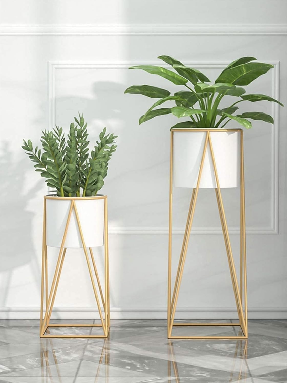 Planters For Indoor - Outdoor Plants & Modern Metal Floor Tall Plant Stand For Garden, Balcony & Living Room & Mid Century Plant Stands with Pots Set of 2 Flower Pots (White)