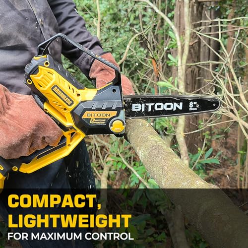 Image of BITOON 8-Inch Mini Chainsaw with 2PCS 3.0Ah Battery and Charger, Auto-Oiler, Brushless Cordless 8-Inch and 6-Inch 2-in-1 Pruning Chain Saw, Portable Electric Chainsaw for Cutting Wood, Branches Yellow