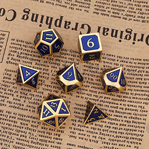 7 Pieces Metal Dices Set Game Polyhedral Solid Metal Dice Set With Storage Bag And Zinc Alloy With Enamel For Role Playing Game Dungeons And Dragons, Math Teaching (Gold Edge Royal Blue) #TOP2