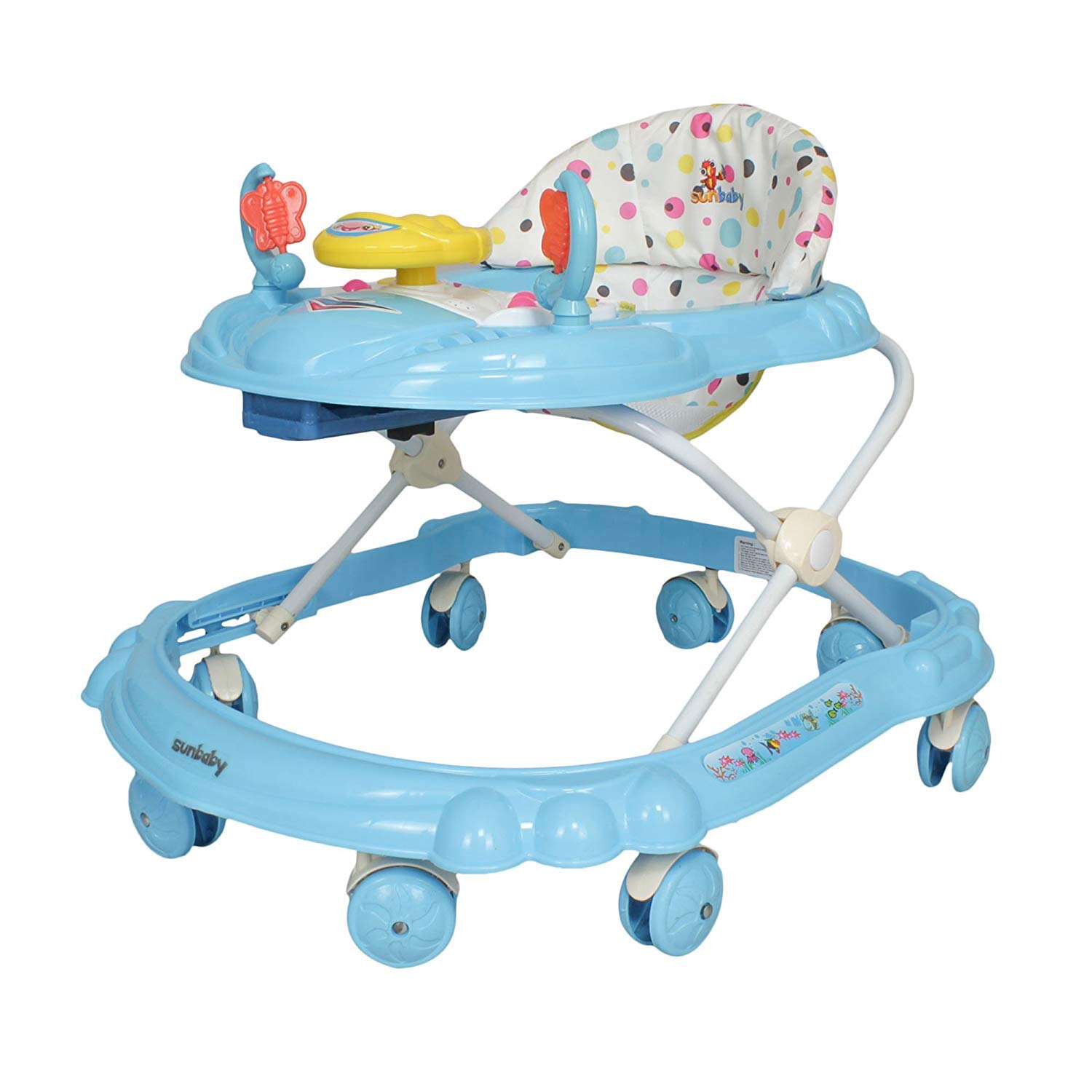 SUNBABY Rideon Car Baby Walker High Quality, Strong, Safety Standards, Height Adjustable, Light & Musical Toys, Rattles, Soft Thick Cushioned Seat-Activity Walker 6-24 Months (BLUE)