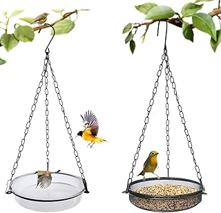 HRAYLTOP Hanging Bird Feeder Tray&Bird Bath Tray,Premium Metal Mesh Tray and Water Bowl,Outdoor Seed Bird Feeder Platform,Perfect for Attracting Birds,Connected into Two Layers