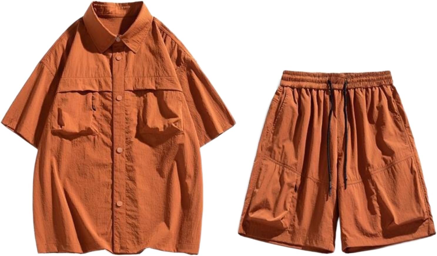 Men's Casual Linen Suits 2 Piece Sets Summer Long Sleeve Button Down Shirt and Cargo Shorts