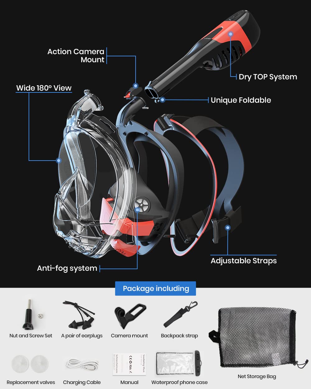 Electric Free Breathing Full Face Snorkel Mask Adult : 180°Panoramic View/Anti-Fog/Anti-Leak Scuba Mask and Snorkel with Camera Mount,Snorkeling Gear for Adults