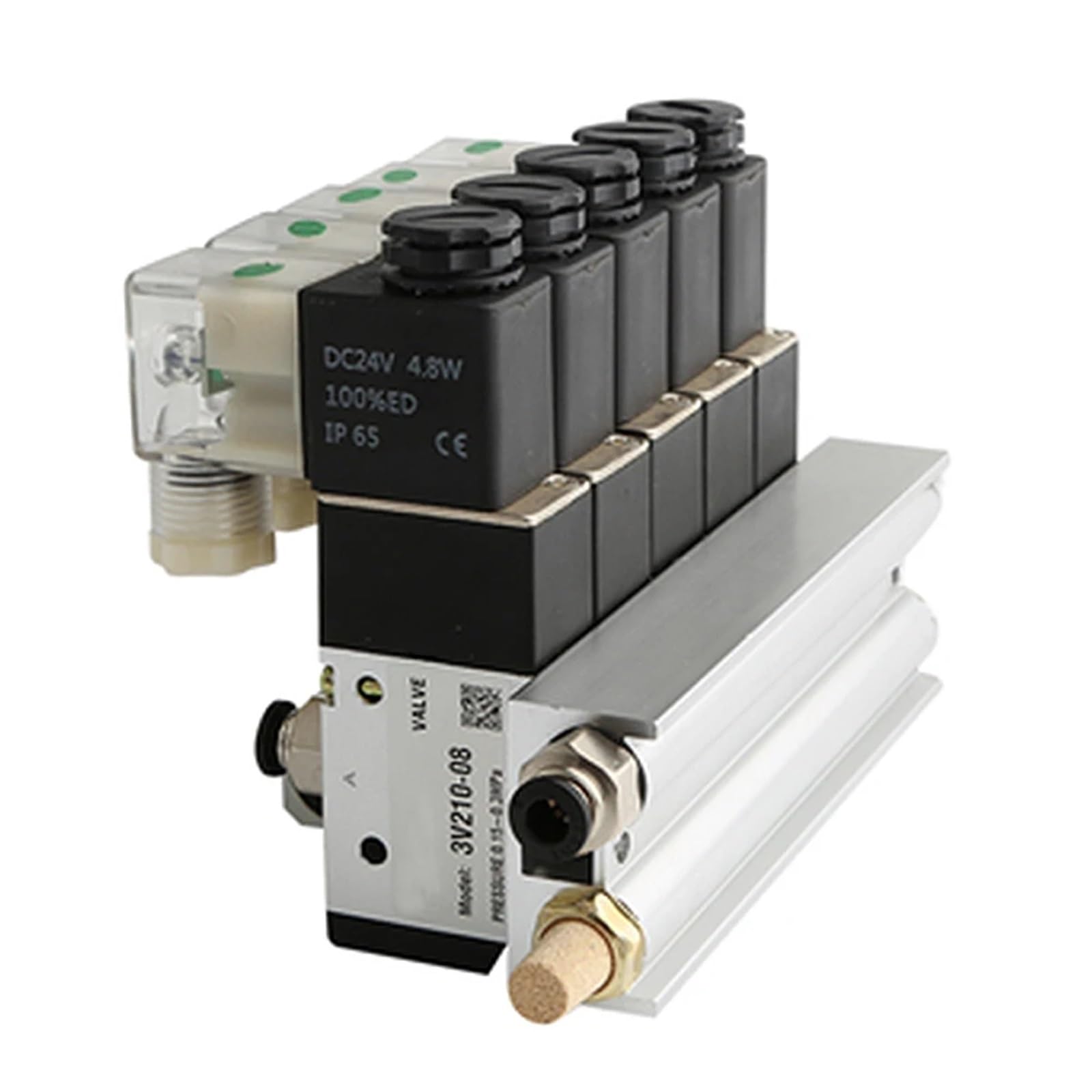 Bloque de electroválvula neumática 3V210-08 con silenciador, base de montaje, colector, 2/3/4/5/6, 3 puertos, 1 unidad(2 Row 8mm fitting,DC24V)