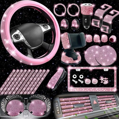 27 Pack Bling Car Accessories Set, Bling Steering Wheel Cover Women Universal Fit 15 Inch, Bling License Plate Frame, Bling Car Vent Outlet Trims, Bling USB Charger, Bling Car Phone Holder (Pink)