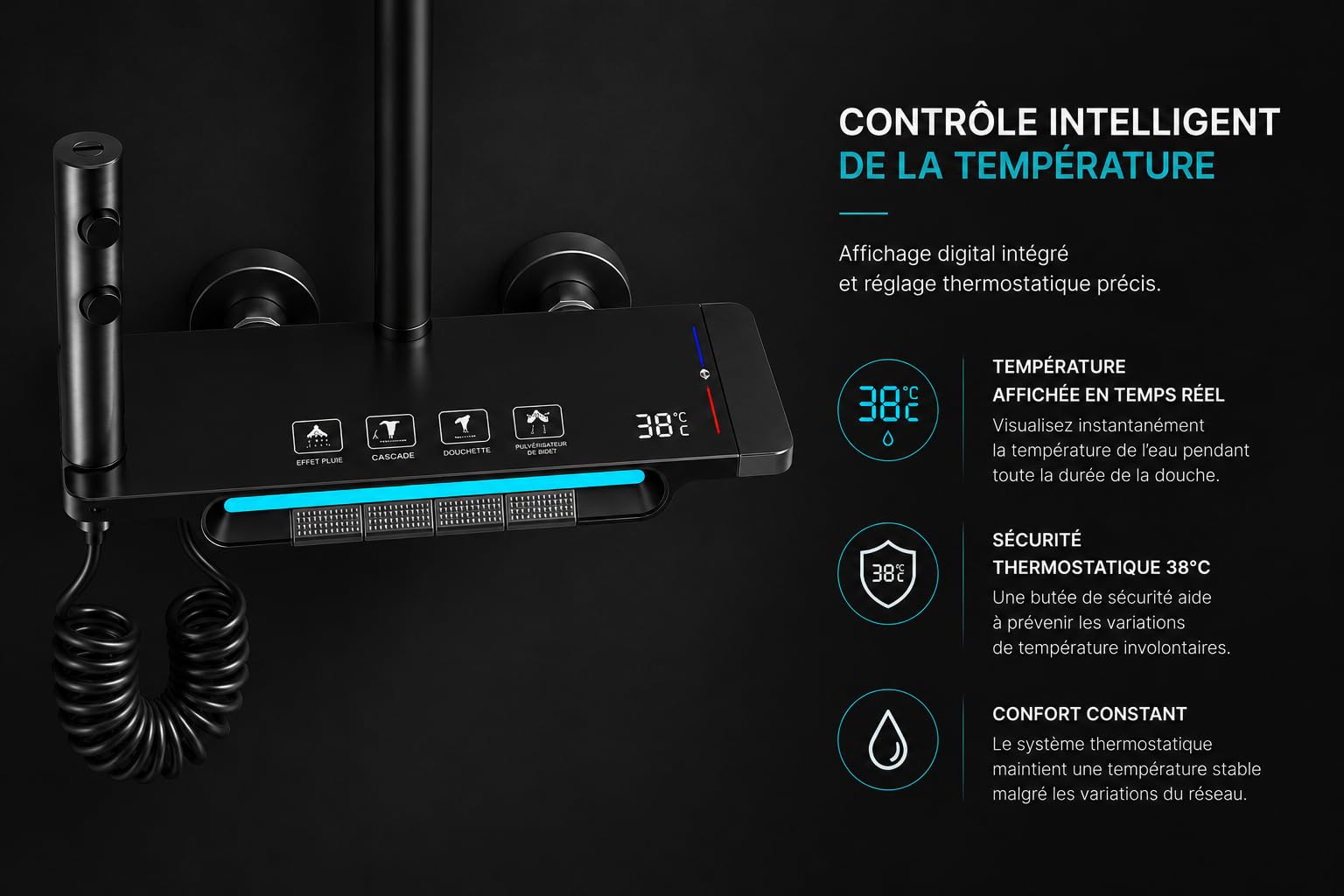 Colonne de Douche Thermostatique Noir 4 en 1 avec Mitigeur Mural | Design Piano, LED Température, Pommeau Pluie & Douchette, Robinet Inclus | Installation Facile pour Salle de Bain Moderne