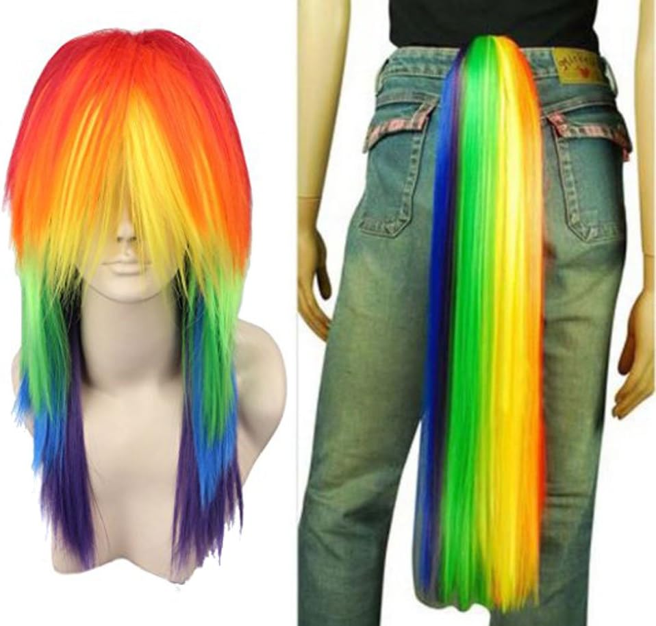 ANOGOL (Wig+Ponytail) - Free Hair Cap+ for Kids and Adults My Little Pony Rainbow Dash Cosplay Costume Wig Tail Ponytail Multi Colour Synthetic Party Wig Tail Cosplay Convention Event Wigs