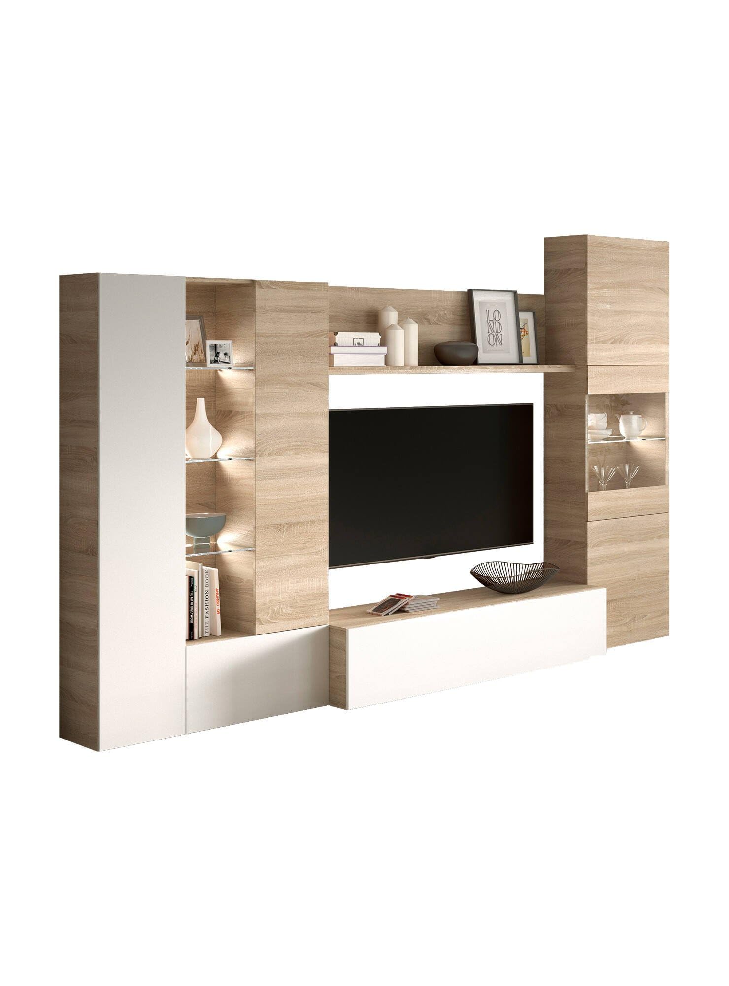 Habitdesign Modèle Essential Meuble TV compact 260 cm, finition chêne canadien et blanc brillant, dimensions : 185 x 260 x 42 cm (H x l x P).