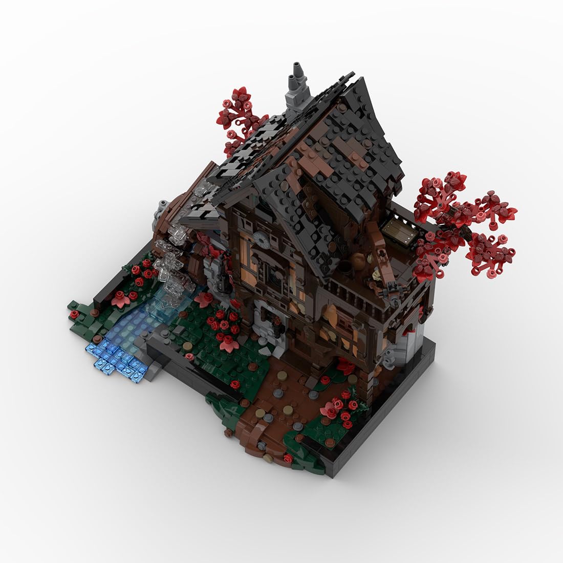 Mittelalterliche Schmiede Klemmbausteine 2717 Stück Wasserradmühle Gebäude MOC Haus Spielzeug Set für Erwachsene Kompatibel mit 21325, MOC-214249