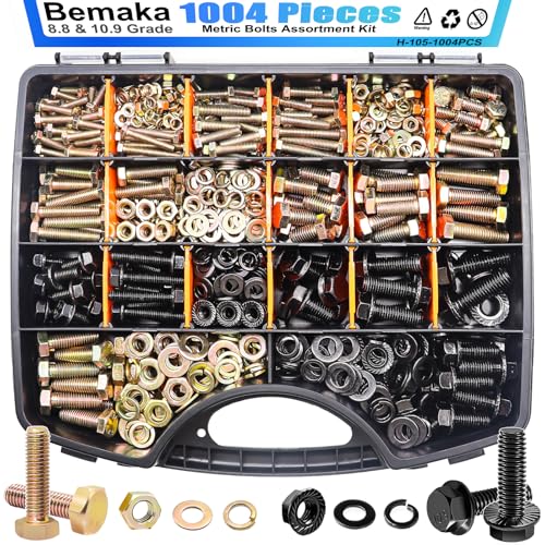 Bemaka 1004個 メトリックボルト詰め合わせキット - グレード 8.8 M4 M5 M6 M8 ボルトとナットキット & 10.9 黒亜鉛メッキ M6 M8 M10 フランジボルト 詰め合わせキット、六角ボルト、ナット、ワッシャーの詰め合わせキッ