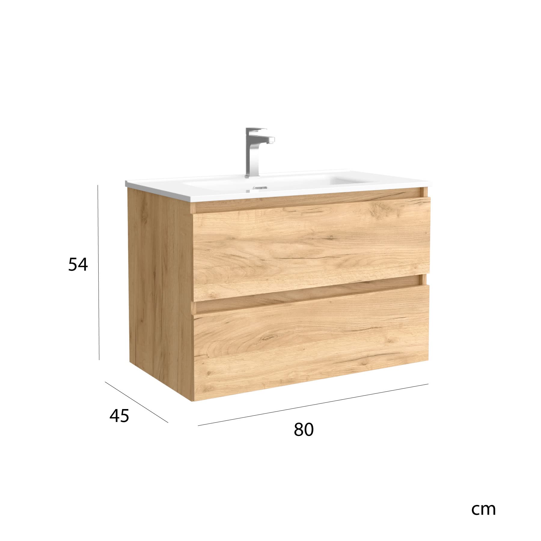 Mueble de baño Bequia 80 cm con Lavabo 100% montado de fábrica | Acabado Roble suspendido 2 cajones Cierre amortiguado Apertura con uñero | Lavabo Porcelana Blanca | Marca Salgar