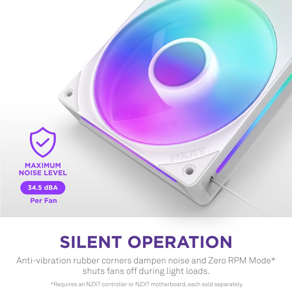 NZXT F280 RGB Core - Wentylator RGB single-frame 280mm - Biały | Zestaw single-frame 280mm z dwoma wentylatorami RGB 140mm na jednym kablu. Prędkość i podświetlenie sterowane przez CAM.